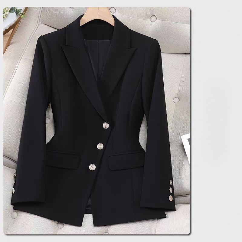 Элегантный женский черный костюмный пиджак Весна Осень Профессиональная офисная одежда Стильный приталенный дизайн Модный блейзер S чёрный
