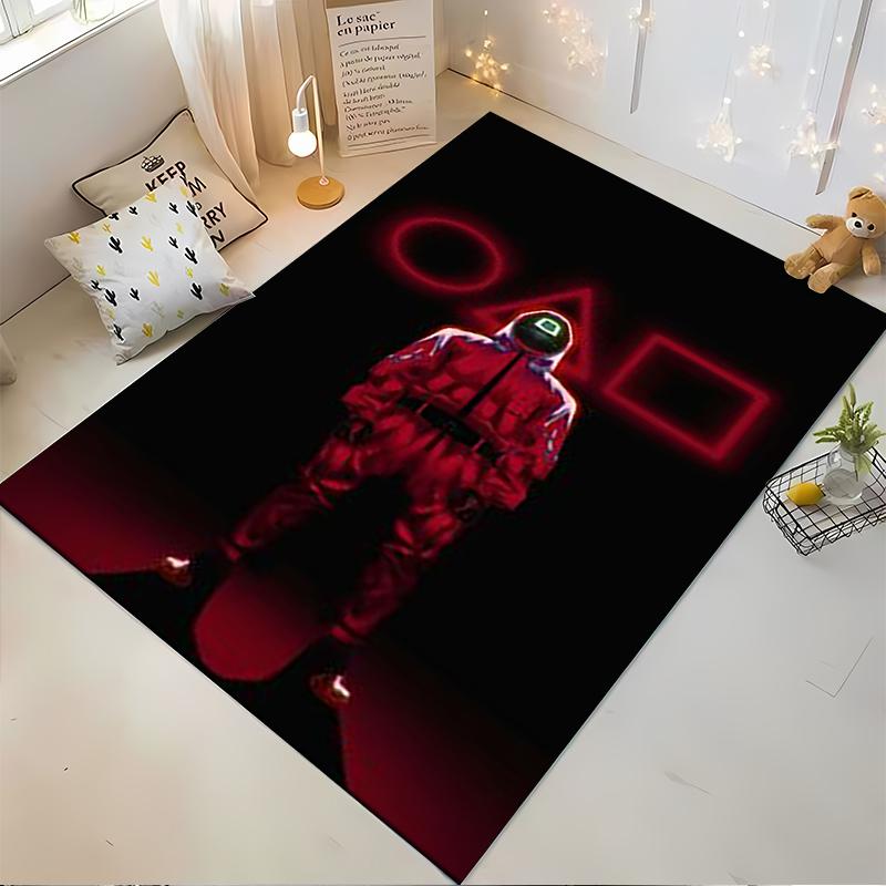 "Red Guard Illustration Carpet with Neon Shapes on Black Background" Suitable for use as an anti-slip for living room bedroom sofas