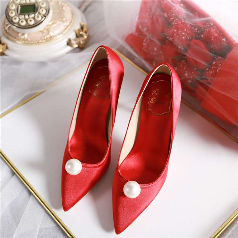 2025 New Pointed White Pearl High Heels 7cm Stiletto Green Single Shoes Women's Red Bridal Wedding Shoes