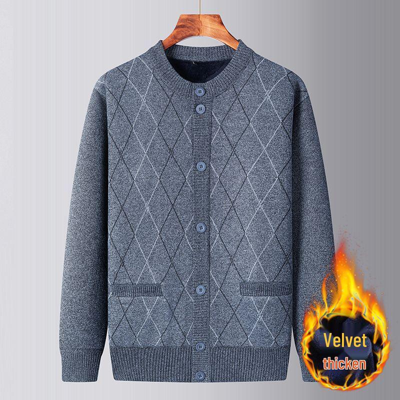 Men's Thickened Knit Cardigan - Warm, Velvet-Lined Sweater for Middle-Aged and Elderly, Perfect for Autumn and Winter.