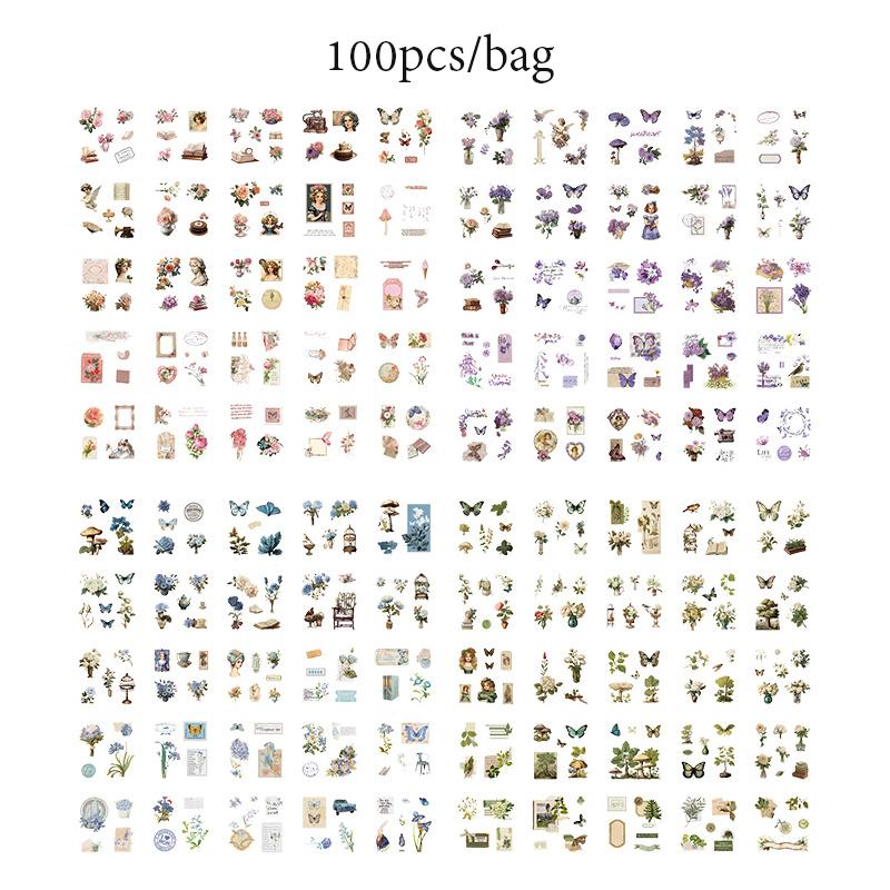 100 Sheets Waterproof PET Stickers Vintage Butterfly Flower Girl DIY Account Material Sticker