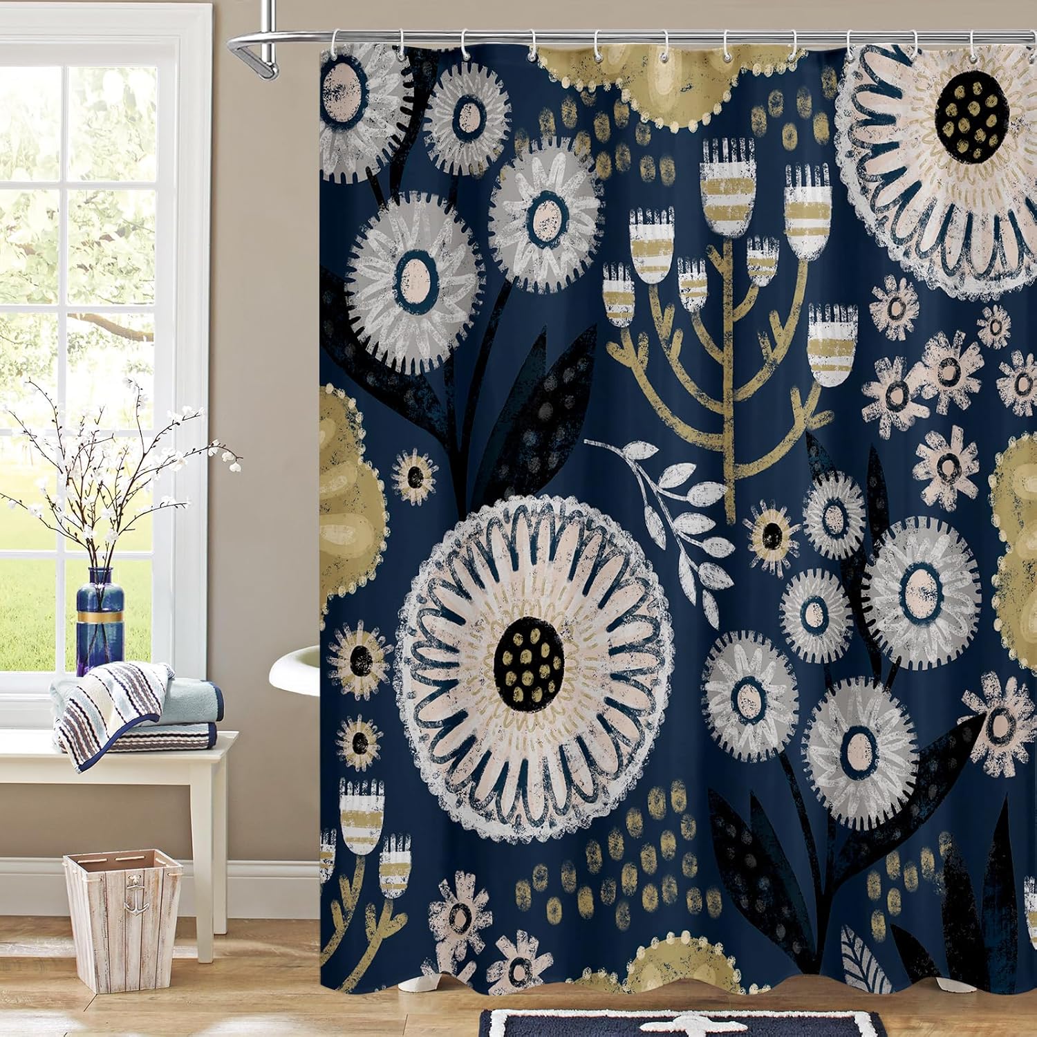 

Mitovilla Boho Floral Shower Curtain, Modern Abstract Flower Shower Curtains For Chic Vintage Bathroom Decor, Fabric Cloth Color W60H190(CM)-1 Pcs