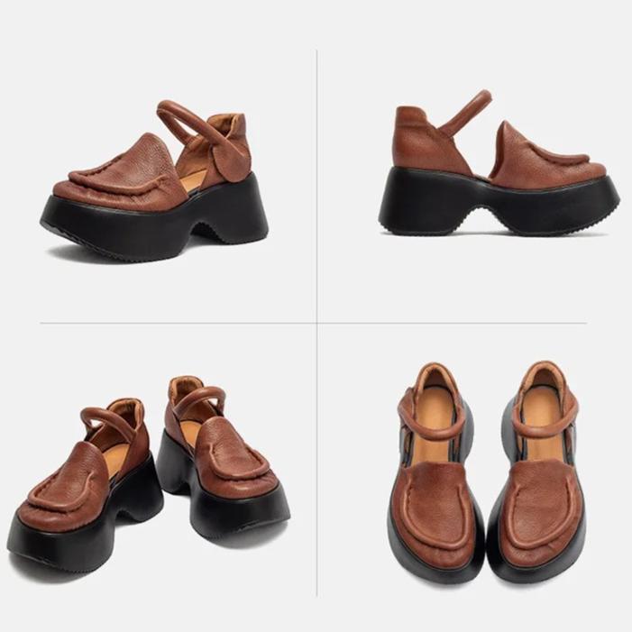 Johnature Sandales en Cuir Véritable à Semelles Épaisses Bout Rond Rétro Talon Épais Chaussures Plateformes pour Femmes