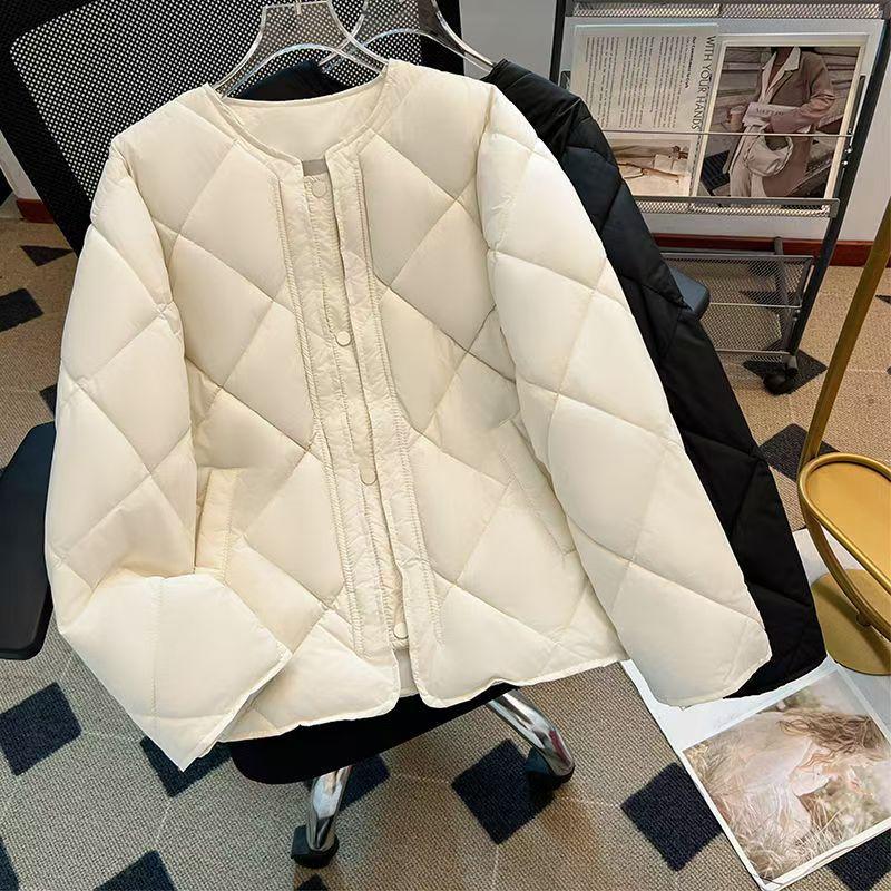 2025 new autumn and winter thin down cotton jacket collarless rhombus grid small slim women's jacket