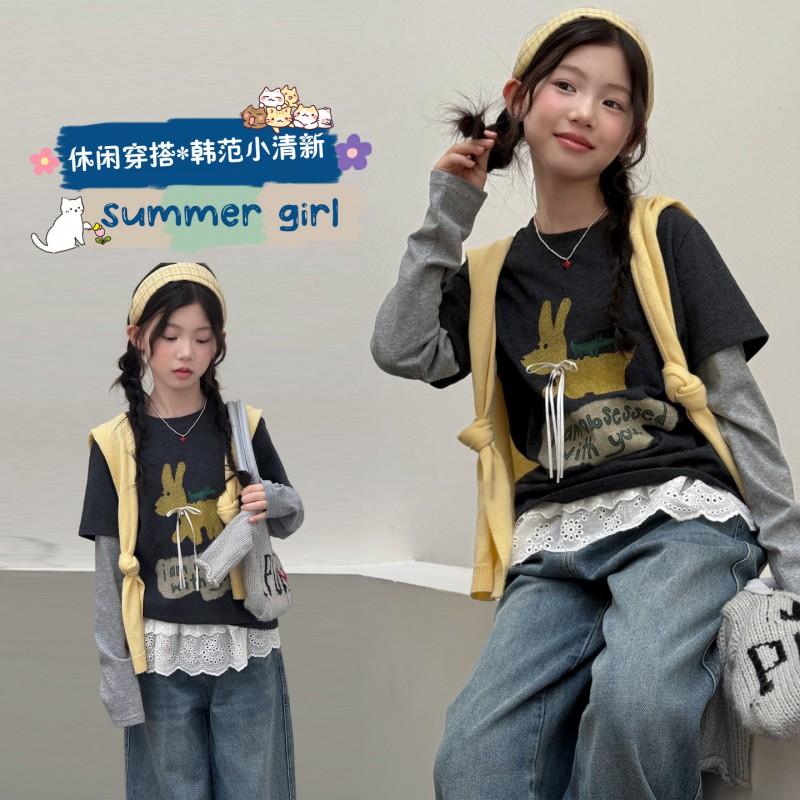Girl Base Layer Shirt Spliced Fake 2-Piece Long Sleeve T-Shirt Slim Fit Stretch Inner Top Kids