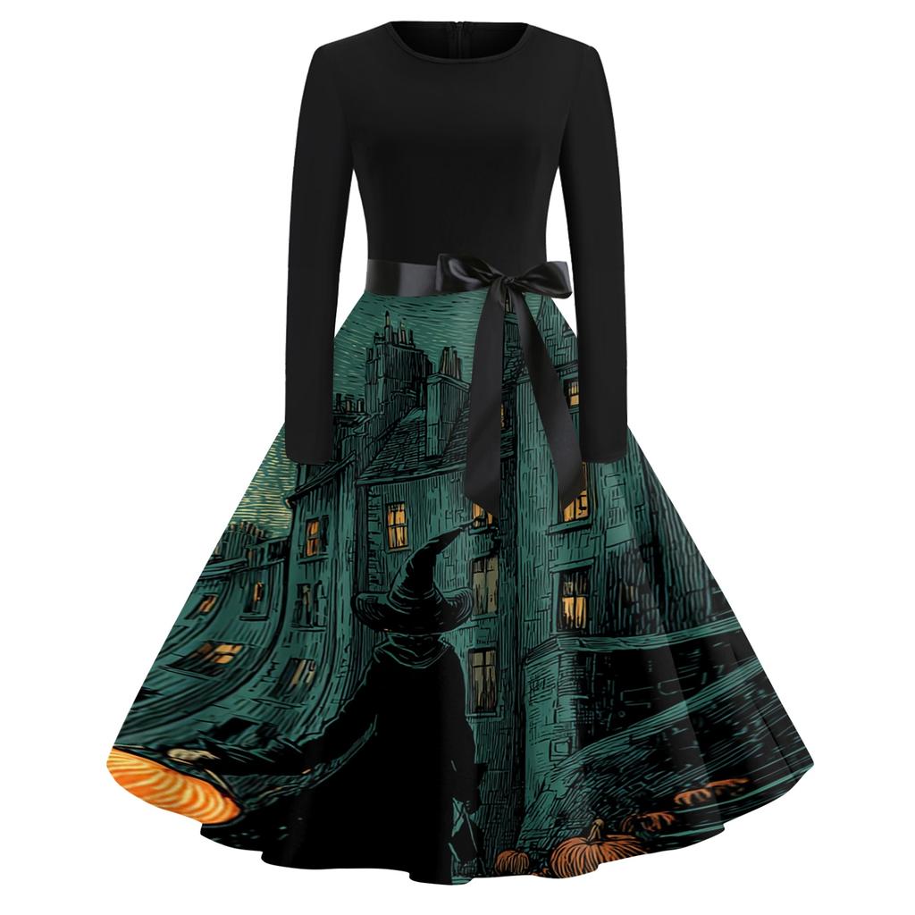 Women's Casual Long Sleeve Round Neck Vintage Halloween Print Midi Dress with Waist Tie Belt Retro Style