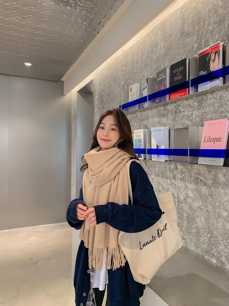 Women's and Men's Thick Warm Cashmere-Like Scarf - Autumn Winter Korean Style with Tassels, Solid Color