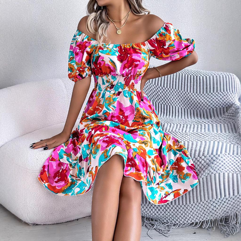 GMXIA Spring and Summer Casual Flower-patterned Short-sleeved, Waist-cinched, Ruffled A-line Skirt Women's Wear