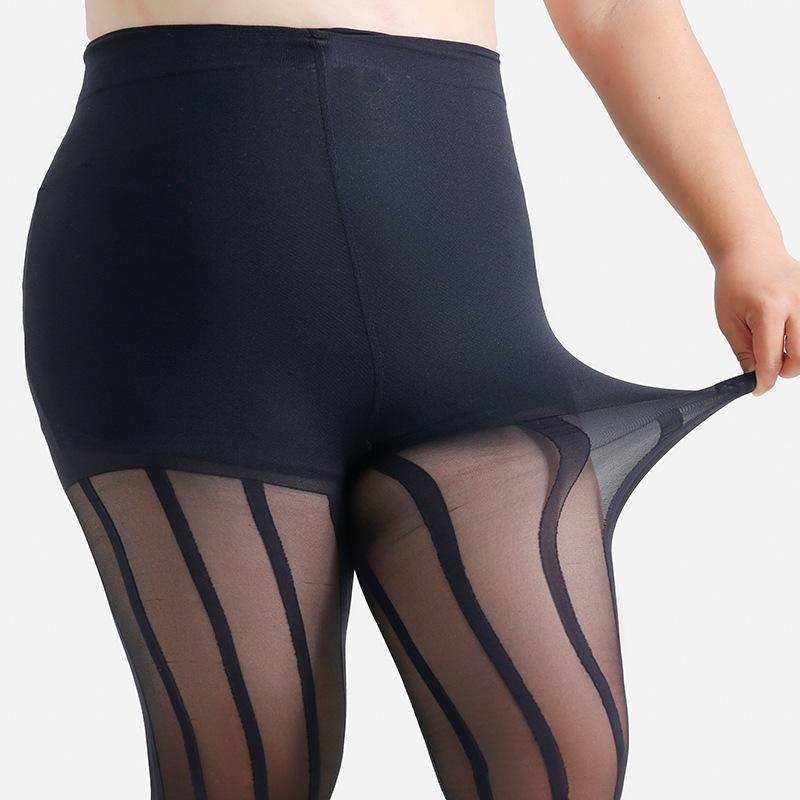 Plus Size Vertical Stripe Jacquard Tights  Sexy See-Through Sheer Stockings  Tummy Control Waistband Gusset Crotch Pantyhose 4Xl