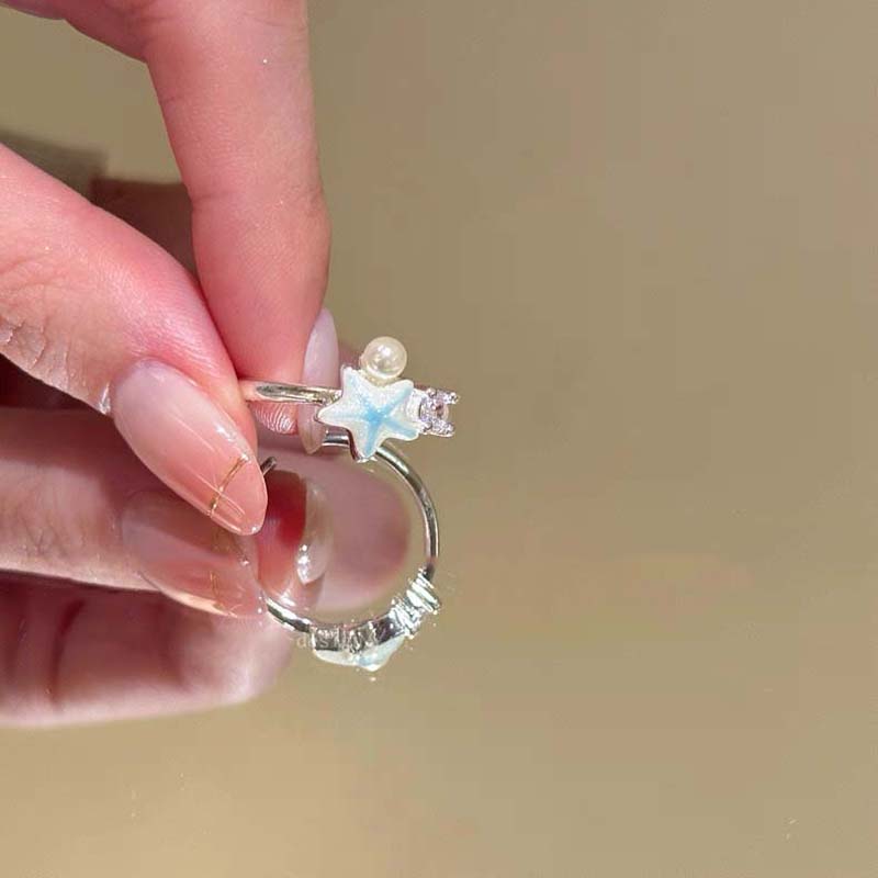 Sweet Blue Starfish Shell Rings for Women Fashion Imitation Pearl Open Rings Summer Seaside Vacation Jewelry Accessories