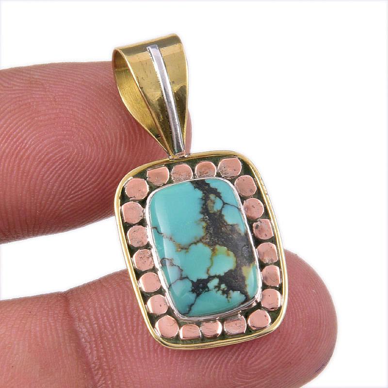 

Natural Tibetan Turquoise Gemstone 925 Solid Silver Two Tone Pendant 1.25 f4W25