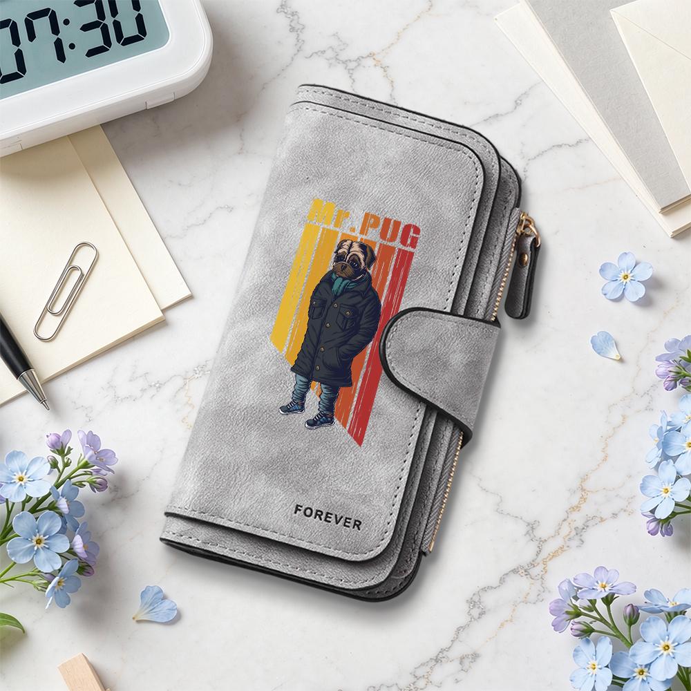 Fashion Cool Mr.Pug Printed Long Wallet Portable Multi Slot PU Leather Card Holder Casual Daily Use Clutch for Men Women
