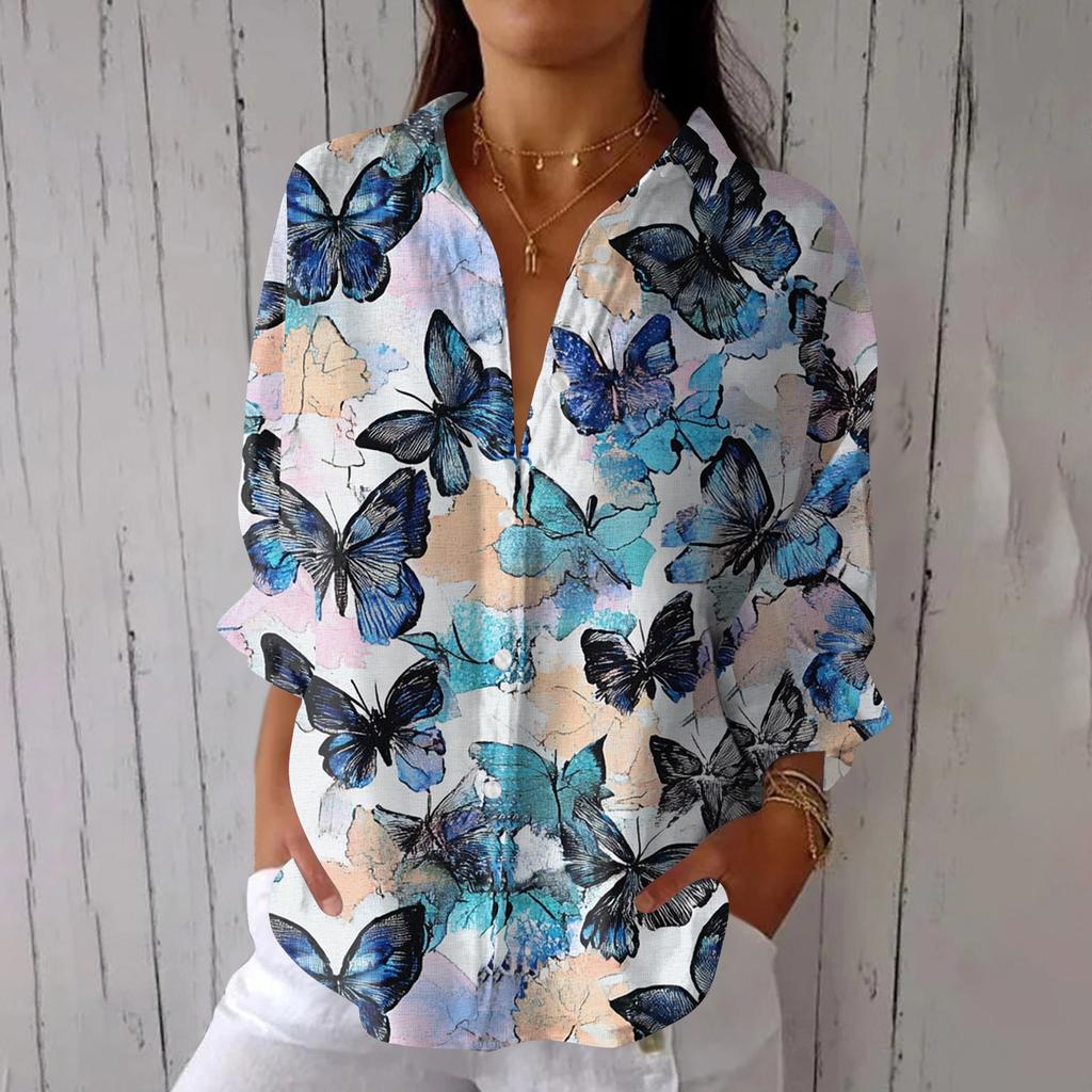 Women's Fashion 3/4 Sleeve Casual Lapel Back Tie- Floral Print T-Shirt Top