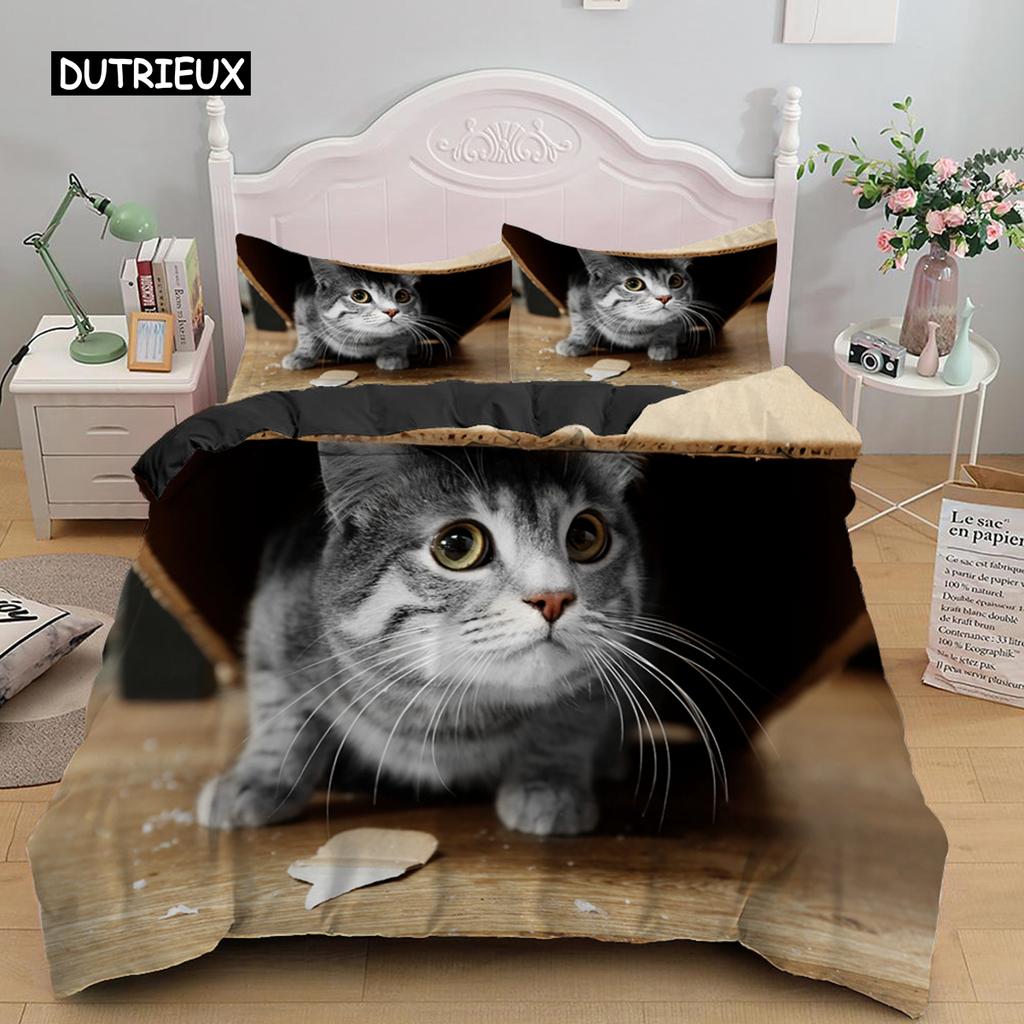3D Bedding Sets Red Duvet Quilt Cover Set Comforter Bed Linen Pillowcase King Queen 210*210cm Size Pet Cat Design for Kids Girls