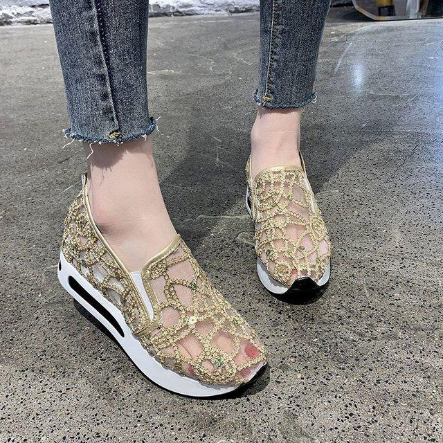 Female Wedge Shoes Sequin Mesh Breathable Shoes Women Gold Silver Platform Sneakers Women Height Increasing Wedges Shoes Casual