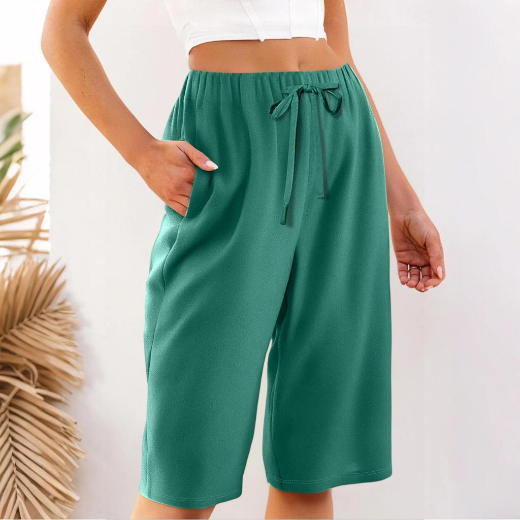 Women's Summer Elasticated Tie Waist Solid Colour Cotton & Linen Loose Shorts