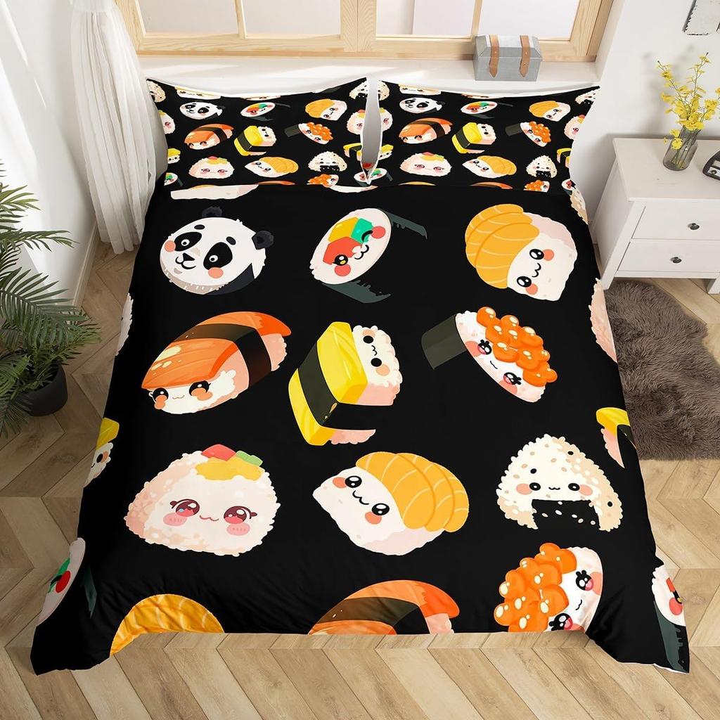 Sushi Duvet Cover Twin Japanese Cherry Blossoms Bedding Set for Girls Boys Room Decor Kawaii Sushi Japan Food Comforter Cover