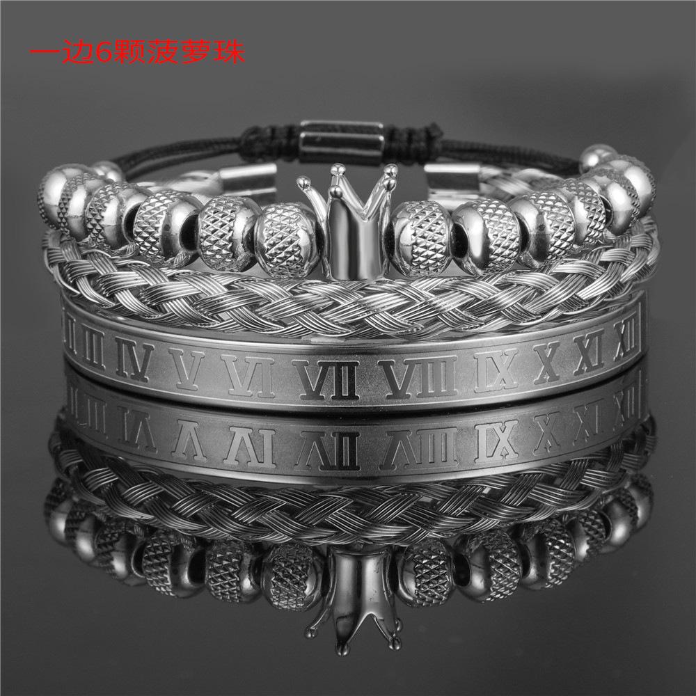 European and American retro crown woven bracelet, Roman letter stainless steel mesh open bracelet set three pieces men