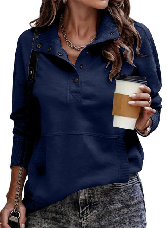 Autumn-Winter Women's Long Sleeve Buttoned Stand Collar Hoodie