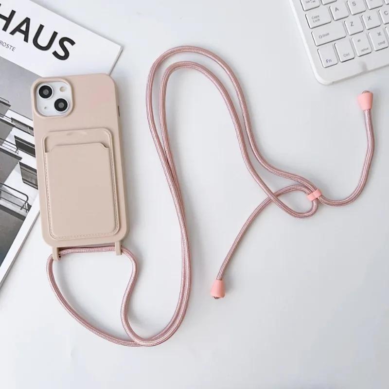 Crossboby Lanyard Rope Phone Case for IPhone 16E 16 15 14 Plus 13 12 11 Pro Max Silicone Card Package Fall Prevention Cover
