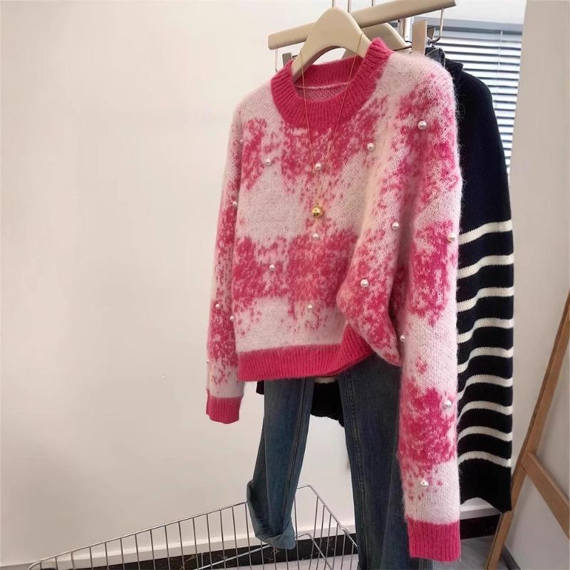 Contrast color tie-dye pink crew neck sweater women's early autumn new high-end feeling super good-looking nail beads