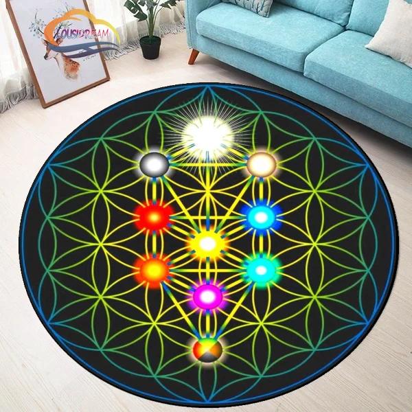 Sacred Planet Geometrie Flower of Life Kulaté koberce Podložka na jógu Polštář Obývací pokoj Ložnice Koberec pro pracovnu Potisk Protiskluzová židle