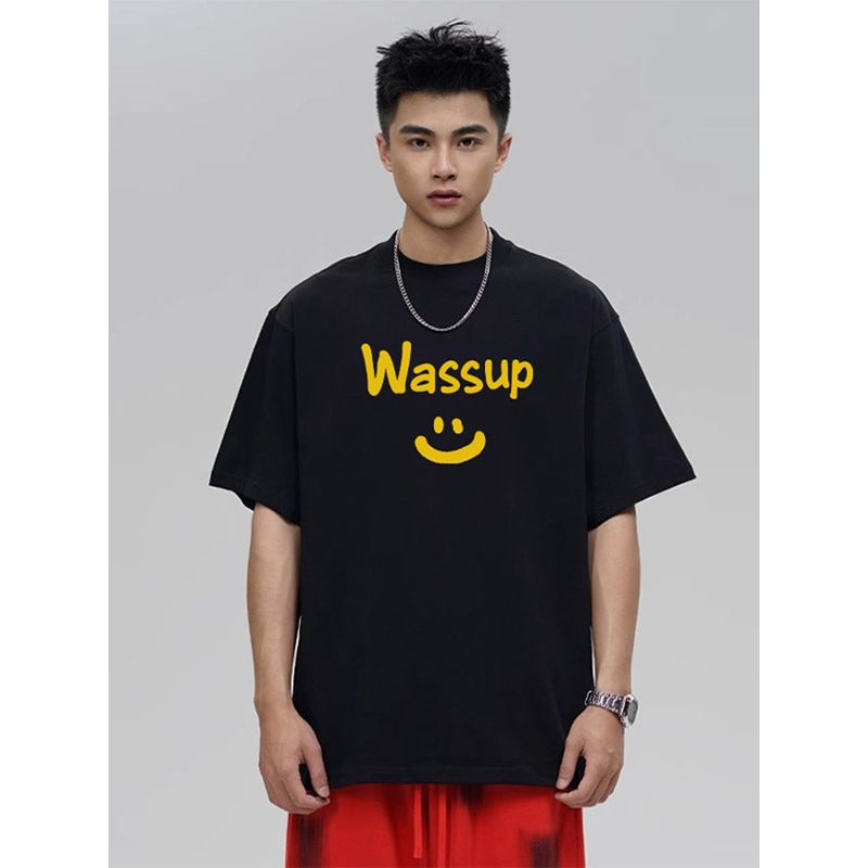 Wassup Trendy Smiley Letter Men and Women Same Type T-shirt Summer Loose All-Match Trendy Tee Couple round Neck Short Sleeve