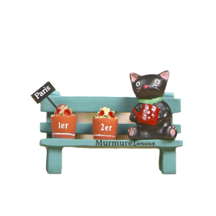 Black Cute Cat Sitting On Bench Watering Flowers Resin Ornaments For Desk Decor