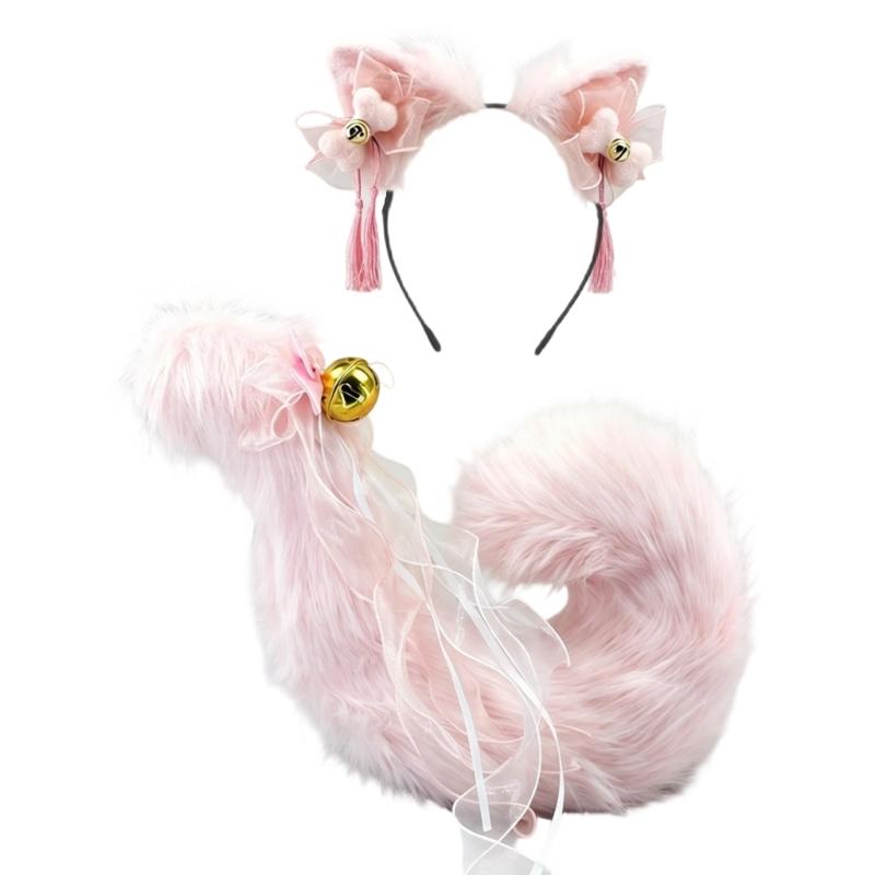 A52E Foxes Cats Cosplay Costume Cats Ear Tail Halloween Party Cats Ear Headband Tail
