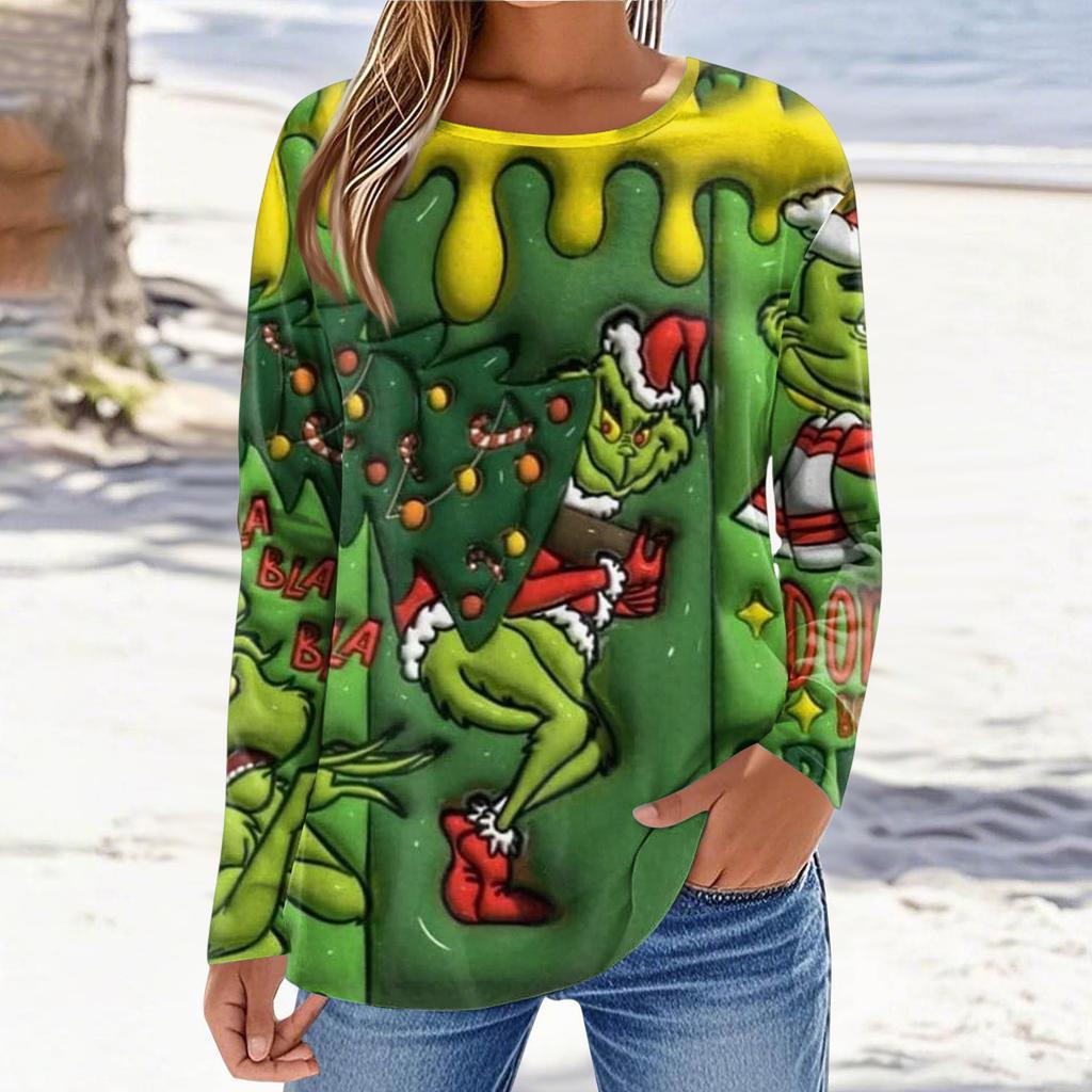 Women's Fashion Casual LongSleeve Print Round Neck Pullover Top Blouse