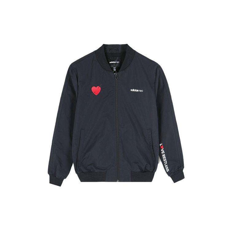 Adidas Neo Stand Collar Sport Jacket With Heart Print On The Back Unisex Outerwear Black EH6505