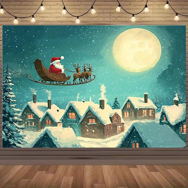 1 Santa Claus sled and deer Christmas night snow village background cloth Christmas village decoration 150X100