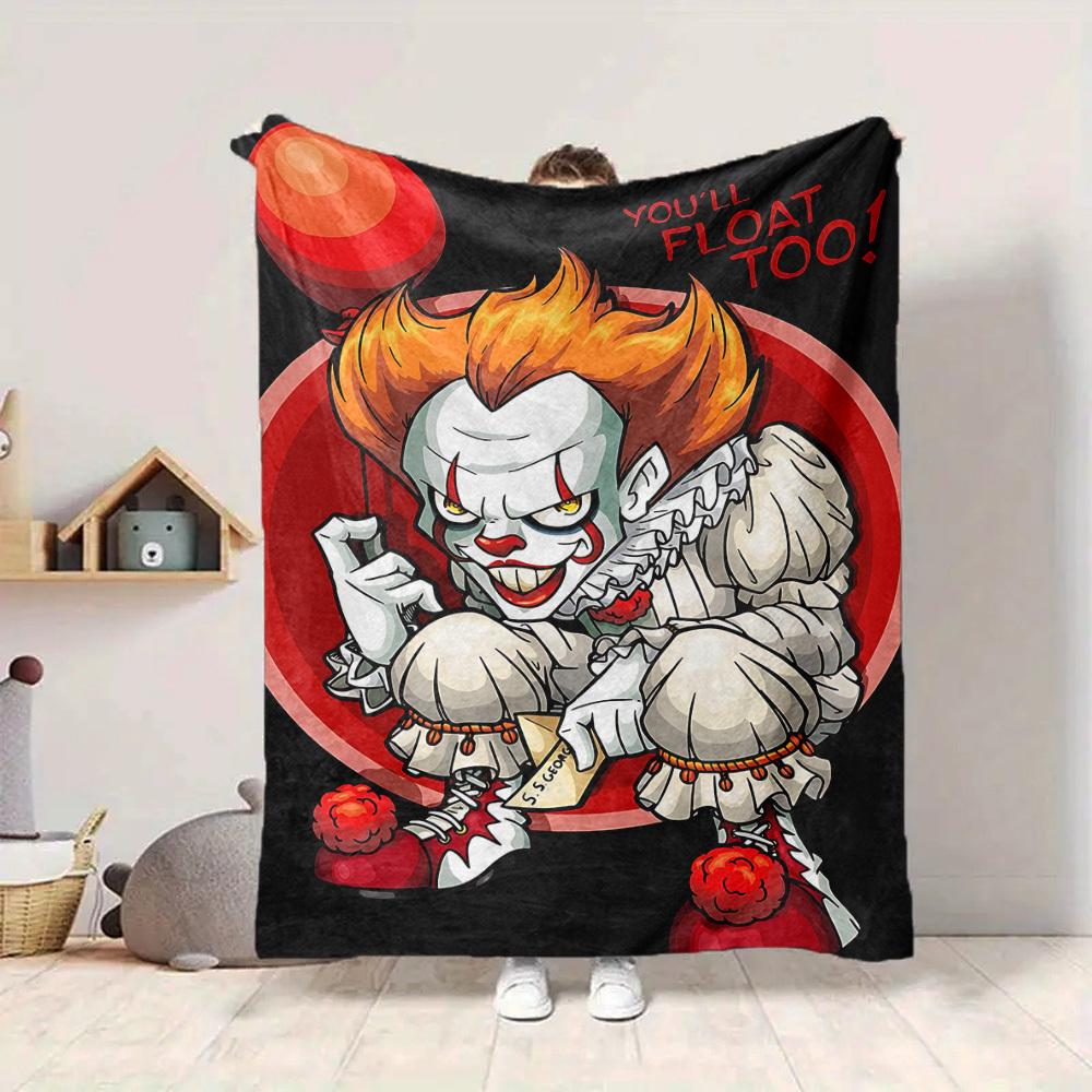 1pc It "Clown" Flannel Throw Blanket - HD Printed Lightweight Soft Warm All-Season Blanket for Sofa, Bed, Travel, Camping 020