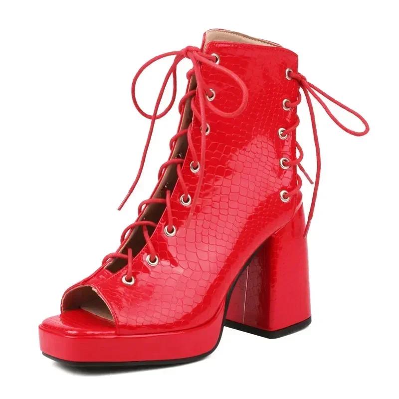 Fashion Woman Gladiator Platform Sandals Sexy Dress Party Lady Red Black Patent Leather Peep Toe Lace Up High Block Heels Shoes