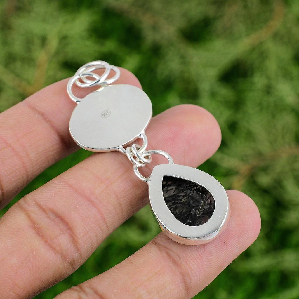 Sterling Silver Pear Black Rutilated Quartz Gemstone Wife Bezel Pendant Jewelry