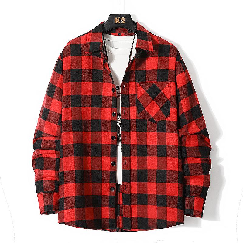 Spring Men's Plaid Long-Sleeve Shirt: American Casual, Comfortable - Main Image