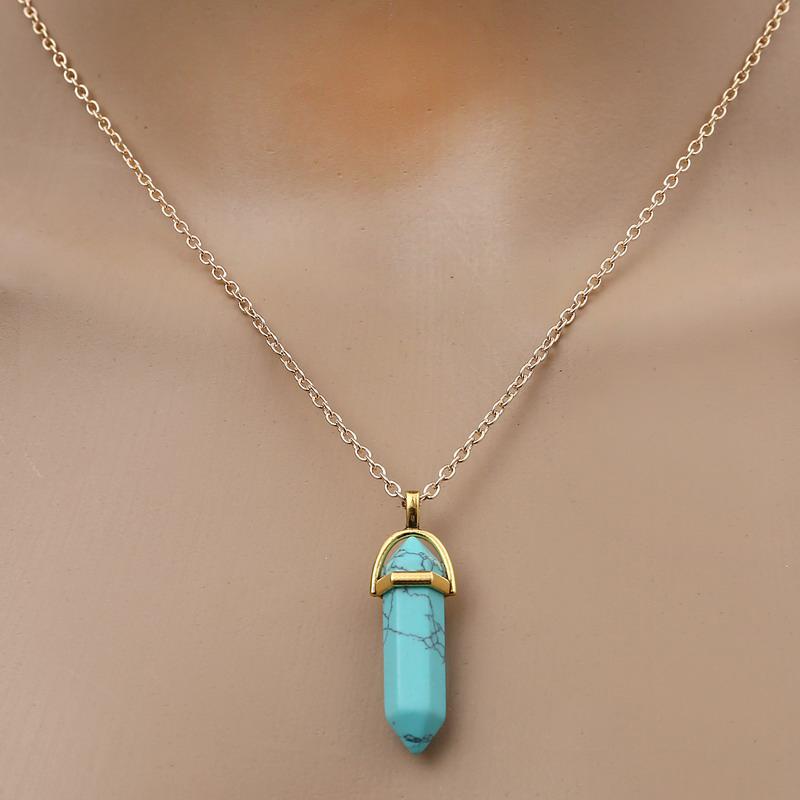 Fashion Quartz Crystal Necklace Chakra Rose Bule Purple Natural Stone Pendant Necklace Hexagonal Bullet Reiki Hippie Necklace