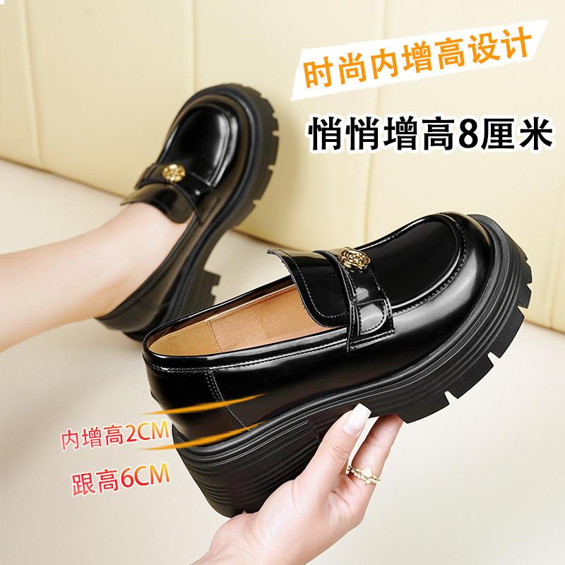 Thick-soled inner height increase women's autumn one-pedal camellia round head small leather shoes single shoes women