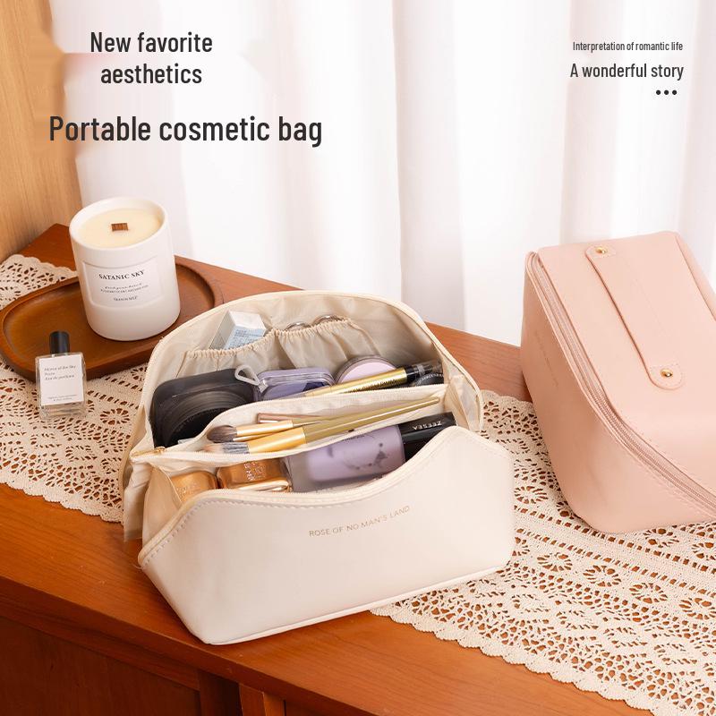 Cream Cloud PU Travel Makeup Bag – Large Capacity, Portable, INS Style