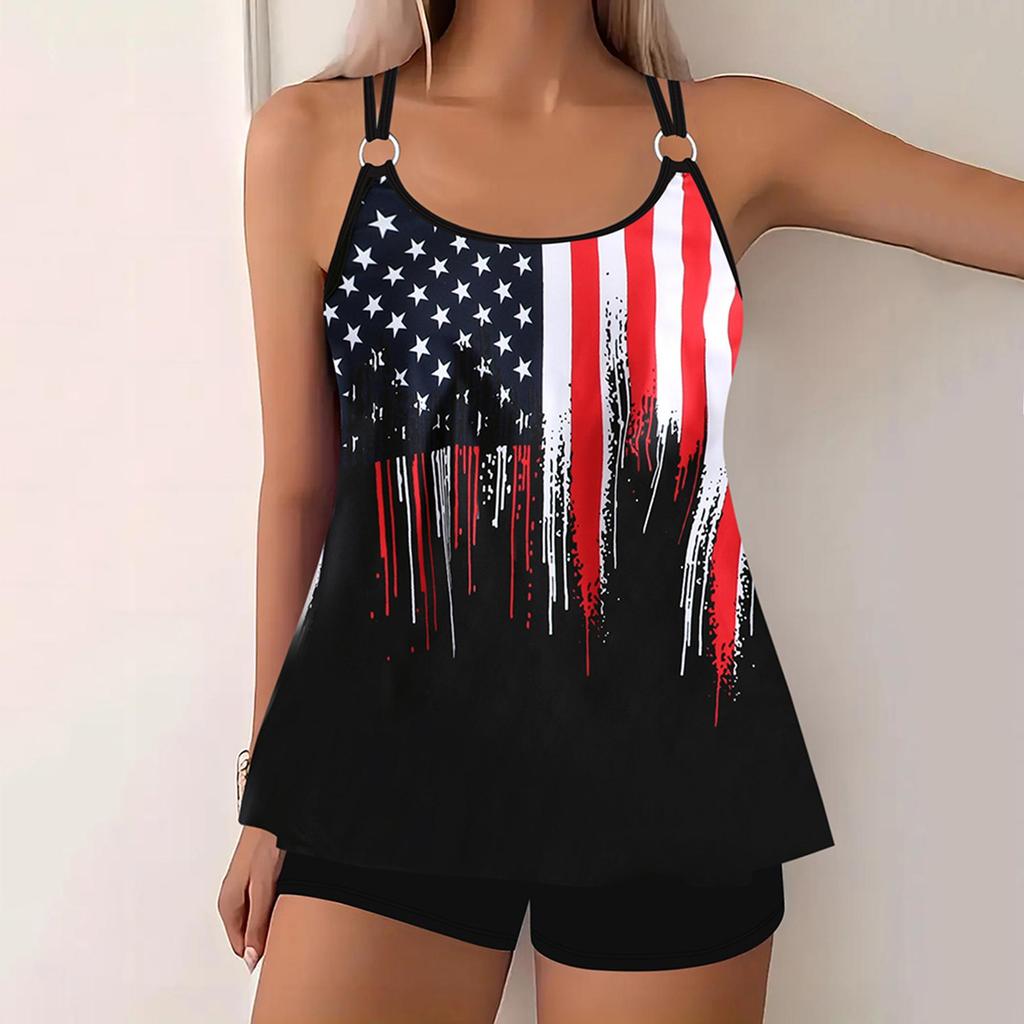 Plus Size Elegant Tankini Set Women's Plus Contrast Tropical Print Tie Front Tank Dress  Panty Swimsuit 2 Piece Set