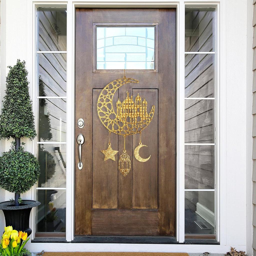 2 Pieces Eid Mubarak Door Sign Wooden Hanging Signs, Ramadan Kareem Hollow Ornament Decorations Moon and Stars, Moon Shape Ramadan Mubarak Party Wood