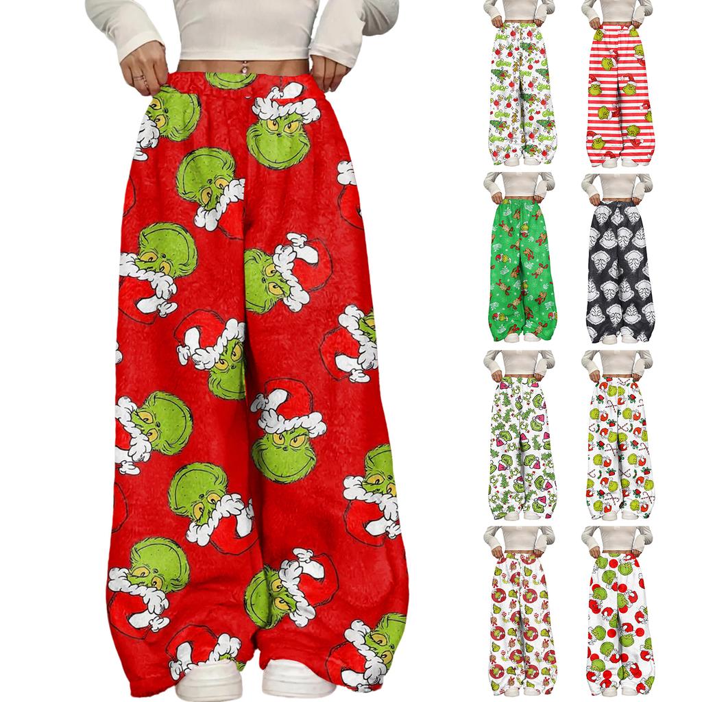 Women's Casual Christmas Print Elastic Waist Loose Fit With Plush Wide Leg Pants