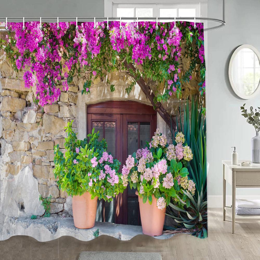 Garden Flowers Scenery Shower Curtains Natural Rustic Pink Floral Plant Modern Wall Hanging Polyester Bathroom Curtain Decor Set