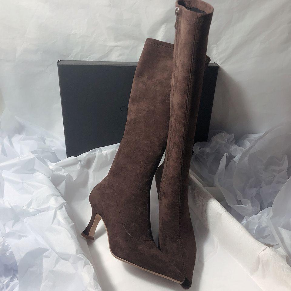 

2025 new Korean version of simple boots but knee elastic boots matte thin boots side zipper pointed high heel boots women 39