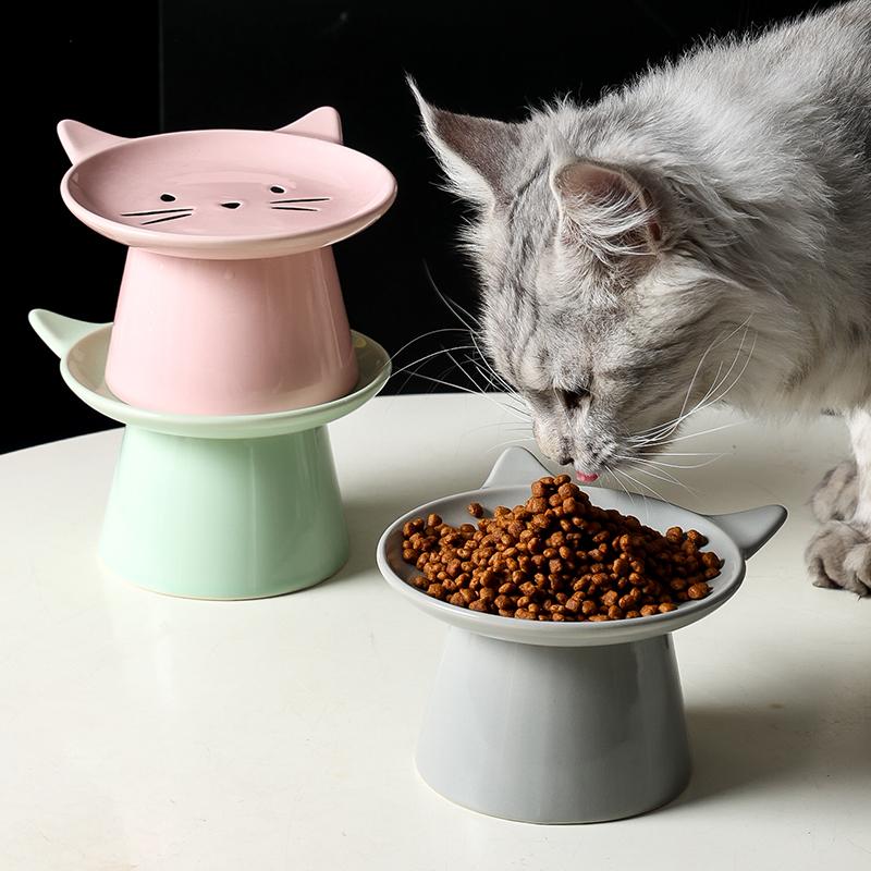Ceramic Cat Shape High Footed Bowls for Pet Cervical Vertebra Protection Drinking Food Plate Large Caliber Cat Bowl Supplies 1Pc