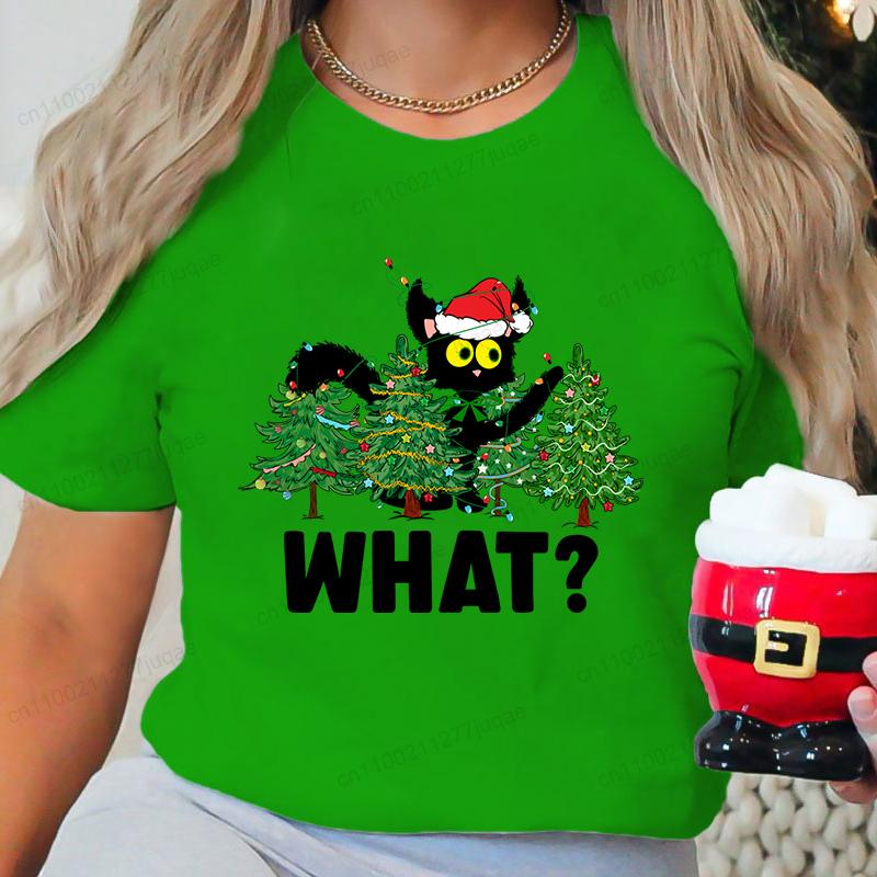 T Shirt for Women Christmas Black Cat Print T-shirt Girl Short Sleeve Crew Neck Casual Top for Xmas Party Women's Shirt Clothing