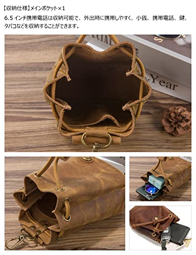 Whatna Natural Thick Cowhide Leather Coin Purse for Men and Women, 2-Way Drawstring Bag, Mini Sacoche Bag, Carabiner Pouch, Belt Loop, Mini Waist Bag,