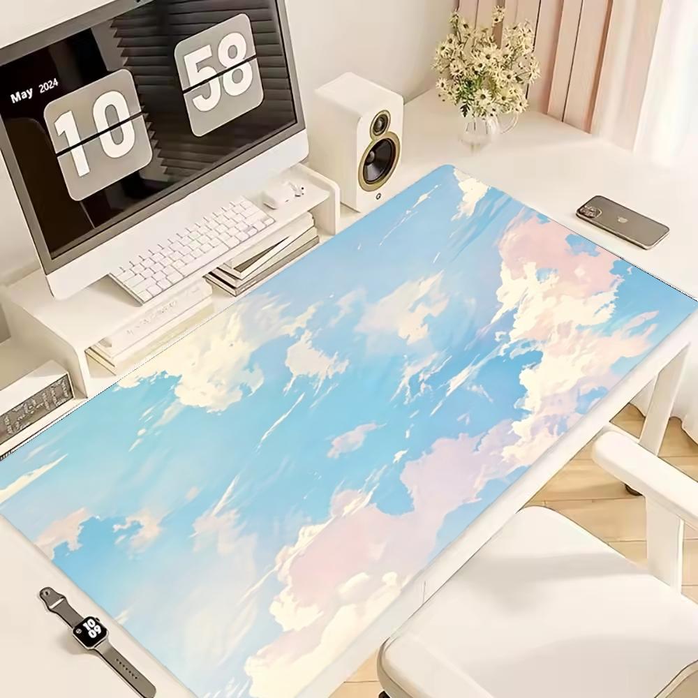 Soft Pastel Blue Pink Sky Cloud Dreamy Aesthetic Gaming Mouse Pad Non Slip Rubber Stitched Edge Large Keyboard Desk Mat Mousepad