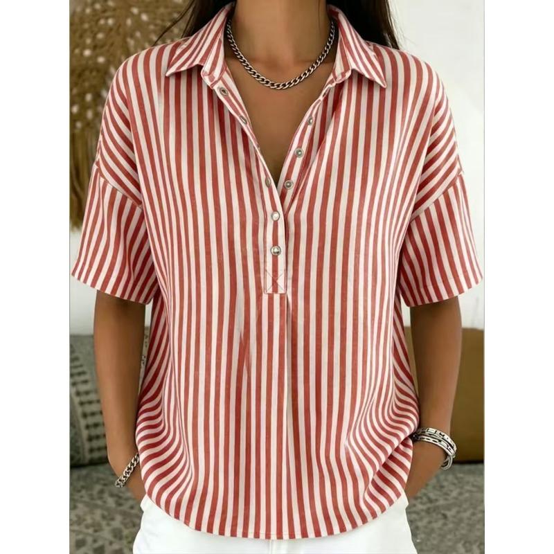 TIFICY Women's Fashion Casual Summer Spring Stripe Print Short Sleeve POLO Neck Blouses & Shirts