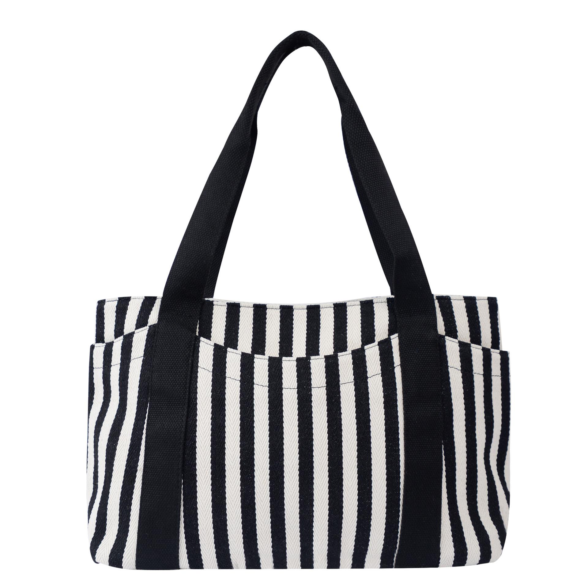 

Полосатая парусиновая сумка через плечо, простая и универсальная ретро износостойкая сумочка, модная сумка-тоут большой вместимости с утолщенным дном чёрный